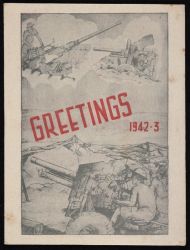 Date: 1942 By: Crippen, Jack William, 1916-1985
Ref: Eph-A-CARDS-Christmas-WWII-1942-02
Season's greeting card shows a reproduction of a montage of three sketches by Jack Crippen of soldiers operating field machine guns. This copy of the card contains a message to Mr & Mrs Fred Evans of Spreydon, Christchurch from Harry Fox.